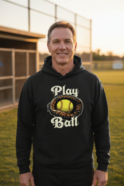 Play Ball Illustration Hoodie for Men – Timeless Softball Inspired Artwork BLACK - FRONT