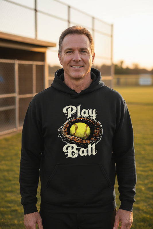 Play Ball Illustration Hoodie for Men – Timeless Softball Inspired Artwork BLACK - FRONT
