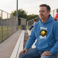 Play Ball Illustration Hoodie for Men – Timeless Softball Inspired Artwork Royal - FRONT