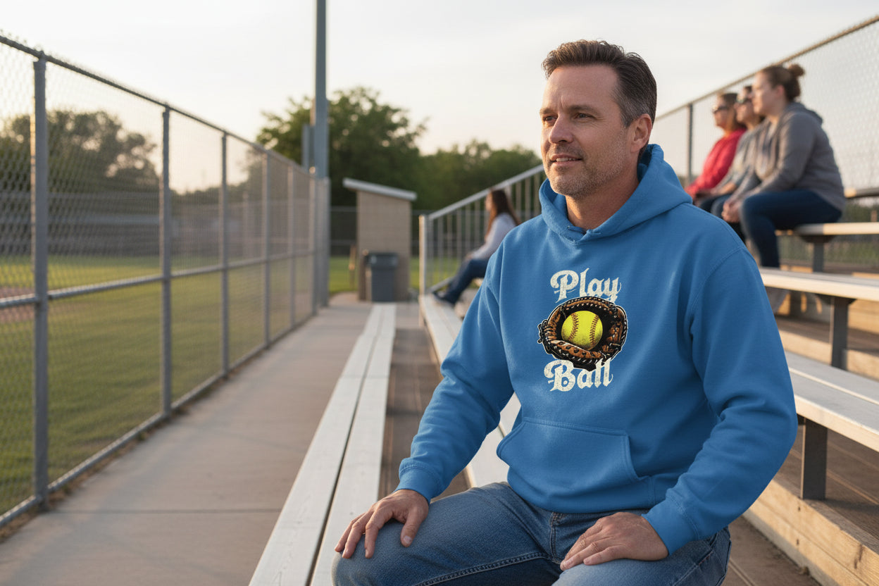 Play Ball Illustration Hoodie for Men – Timeless Softball Inspired Artwork Royal - FRONT