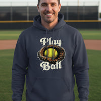 Play Ball Illustration Hoodie for Men – Timeless Softball Inspired Artwork NAVY - FRONT