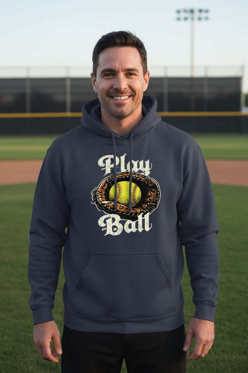 Play Ball Illustration Hoodie for Men – Timeless Softball Inspired Artwork NAVY - FRONT
