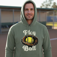 Play Ball Illustration Hoodie for Men – Timeless Softball Inspired Artwork MILITARY GREEN - FRONT