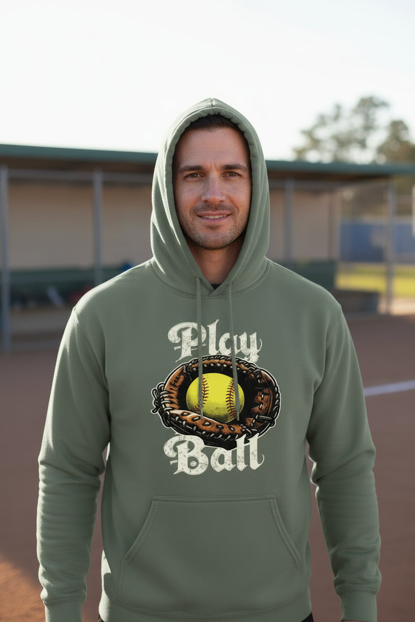 Play Ball Illustration Hoodie for Men – Timeless Softball Inspired Artwork MILITARY GREEN - FRONT
