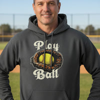 Play Ball Illustration Hoodie for Men – Timeless Softball Inspired Artwork DARK HEATHER - FRONT