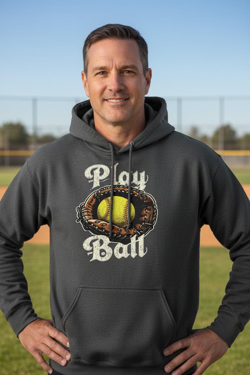 Play Ball Illustration Hoodie for Men – Timeless Softball Inspired Artwork DARK HEATHER - FRONT