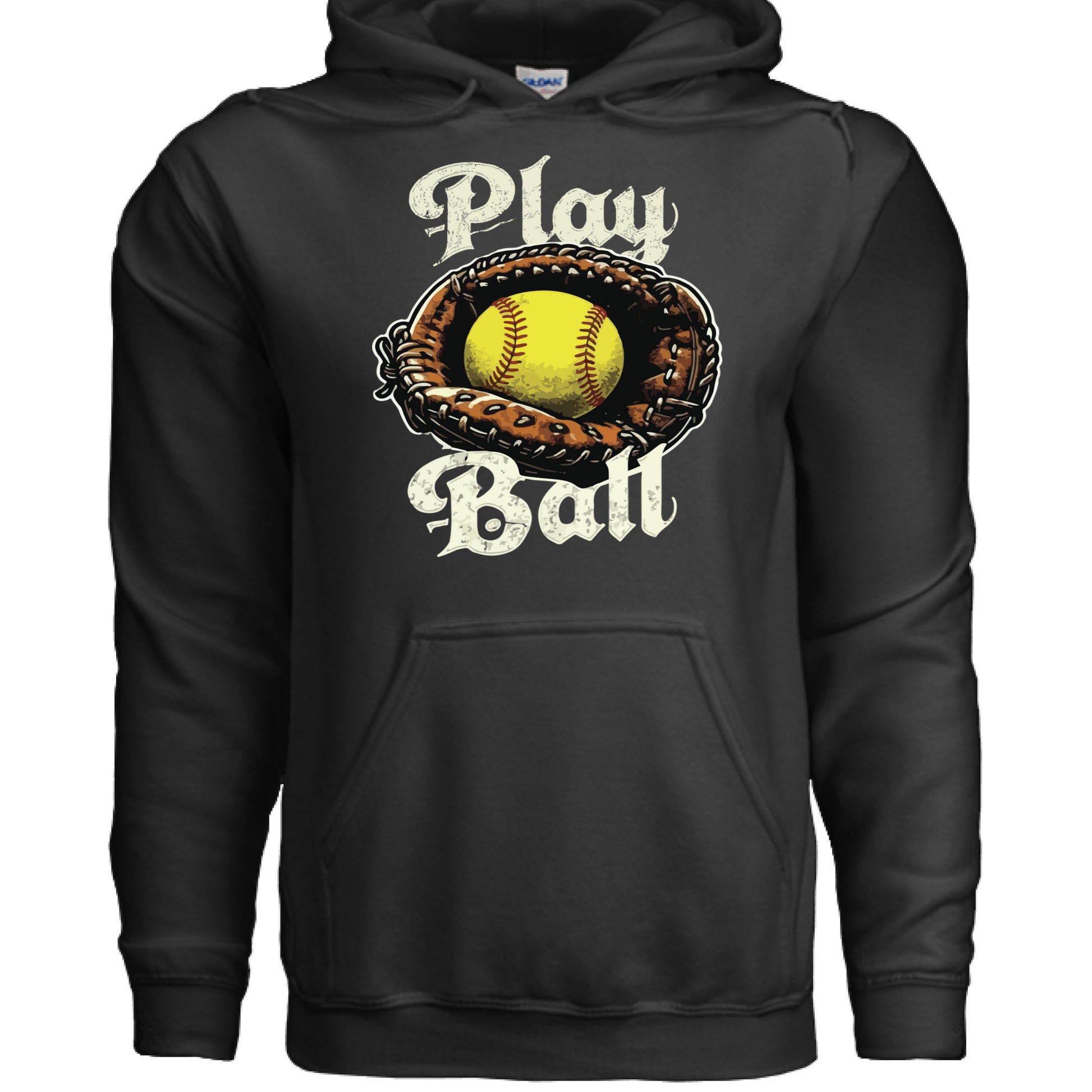Play Ball Illustration Hoodie for Men – Timeless Softball Inspired Artwork BLACK- FRONT