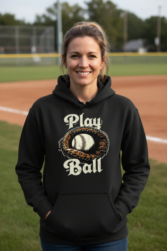 Play Ball Illustration Hoodie for Women – Timeless Baseball Inspired Artwork BLACK - FRONT