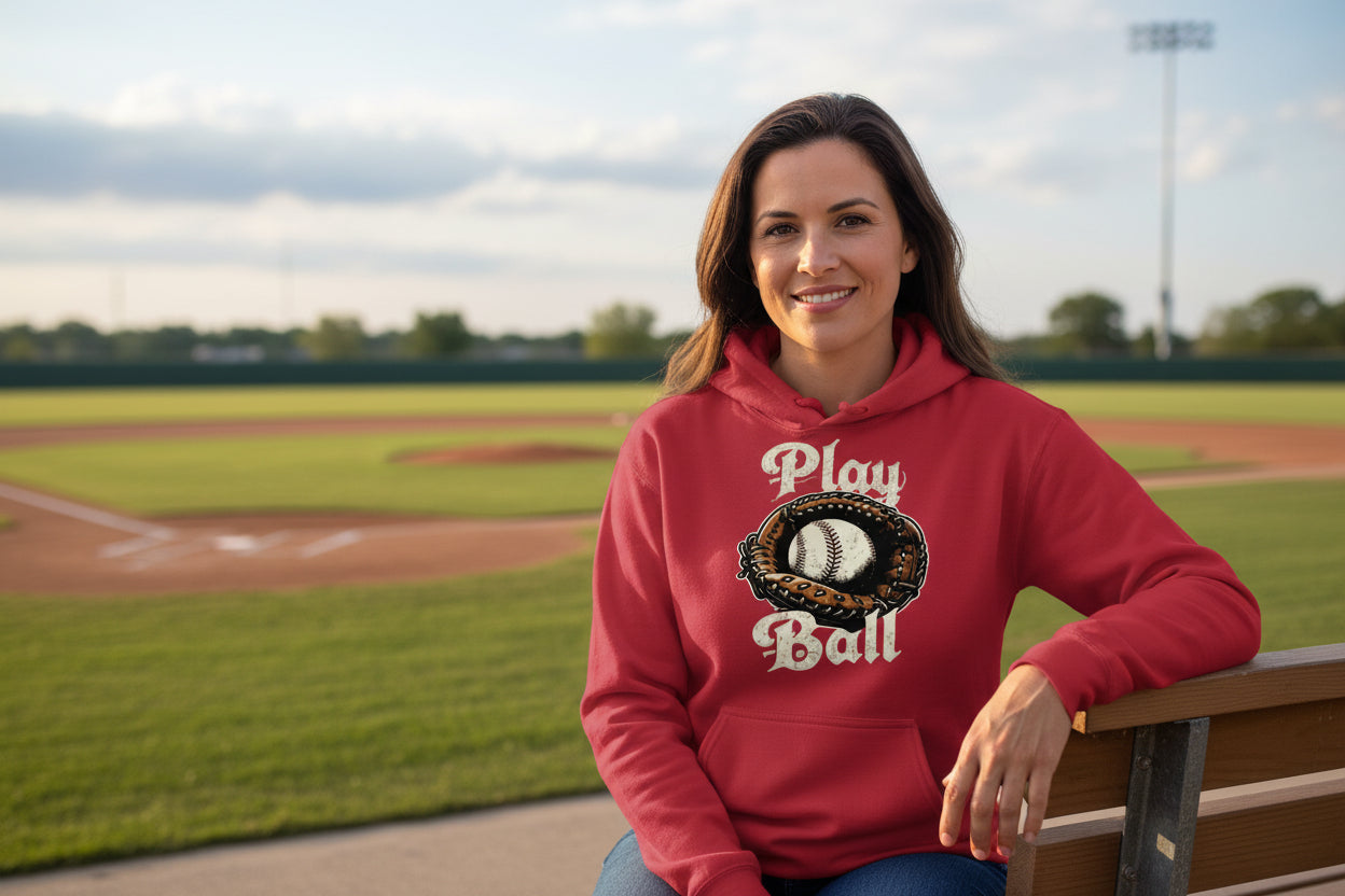 Play Ball Illustration Hoodie for Women – Timeless Baseball Inspired Artwork RED - FRONT
