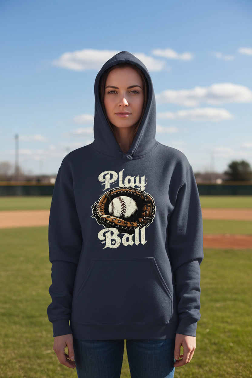 Play Ball Illustration Hoodie for Women – Timeless Baseball Inspired Artwork NAVY - FRONT