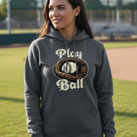 Play Ball Illustration Hoodie for Women – Timeless Baseball Inspired Artwork DARK HEATHER - FRONT