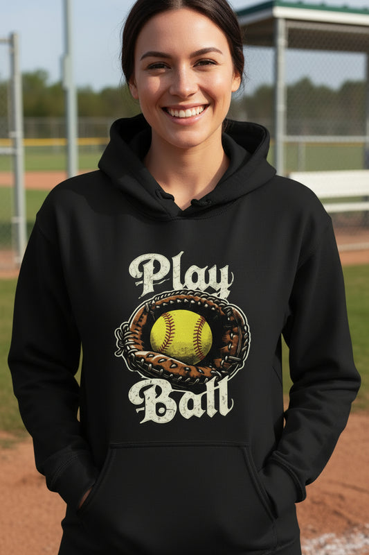 Play Ball Illustration Hoodie for Women – Timeless Softball Inspired Artwork BLACK - FRONT