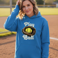 Play Ball Illustration Hoodie for Women – Timeless Softball Inspired Artwork Royal - FRONT