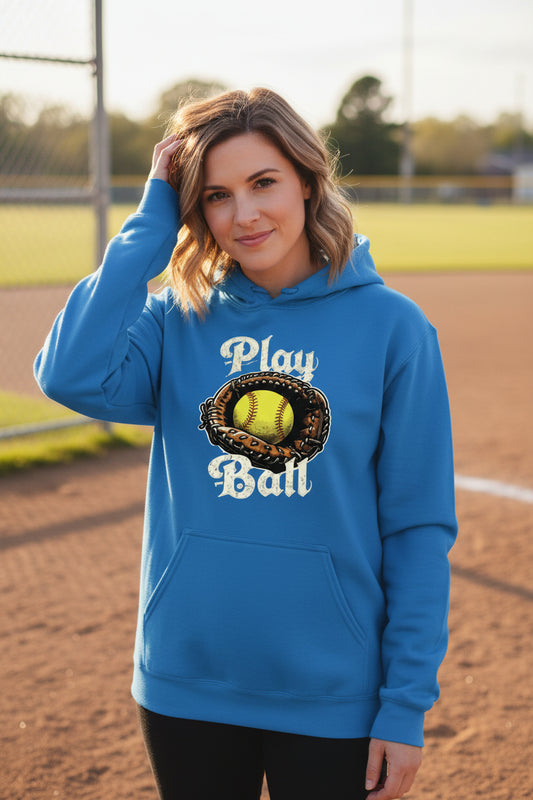 Play Ball Illustration Hoodie for Women – Timeless Softball Inspired Artwork Royal - FRONT