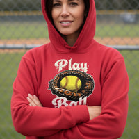 Play Ball Illustration Hoodie for Women – Timeless Softball Inspired Artwork RED - FRONT