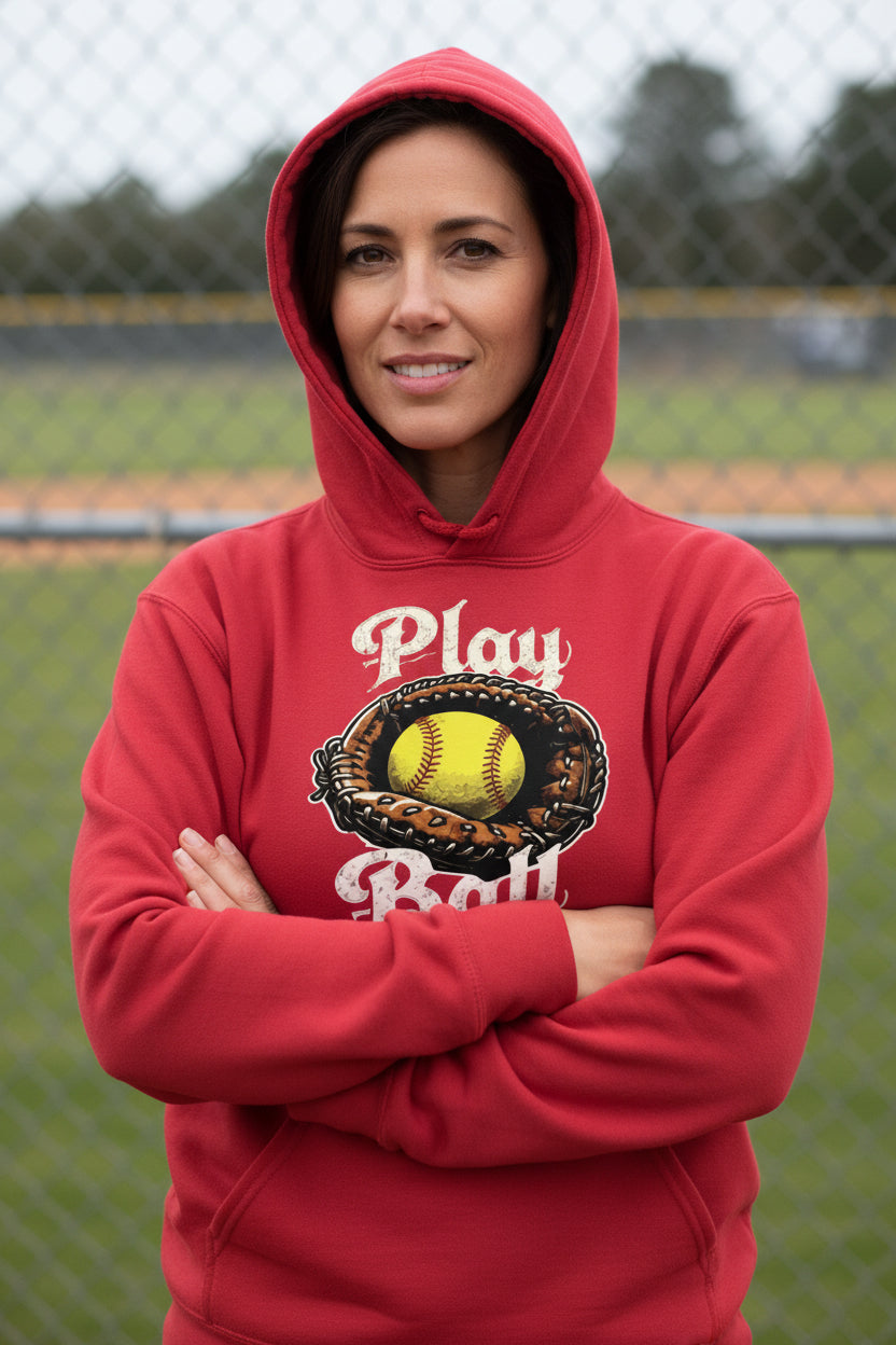Play Ball Illustration Hoodie for Women – Timeless Softball Inspired Artwork RED - FRONT