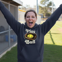 Play Ball Illustration Hoodie for Women – Timeless Softball Inspired Artwork NAVY - FRONT
