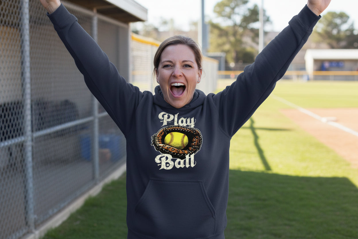 Play Ball Illustration Hoodie for Women – Timeless Softball Inspired Artwork NAVY - FRONT