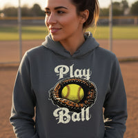 Play Ball Illustration Hoodie for Women – Timeless Softball Inspired Artwork DARK HEATHER - FRONT