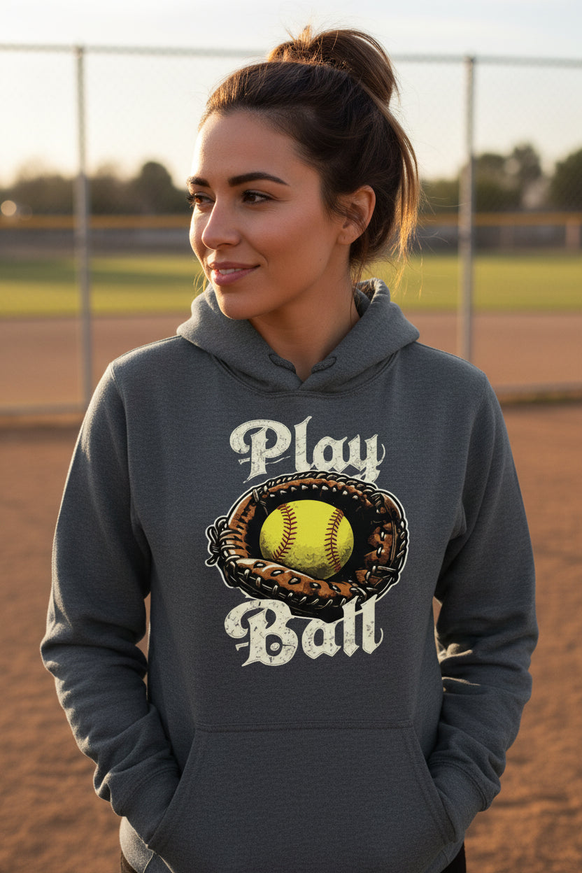 Play Ball Illustration Hoodie for Women – Timeless Softball Inspired Artwork DARK HEATHER - FRONT