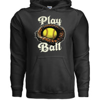 Play Ball Illustration Hoodie for Women – Timeless Softball Inspired Artwork BLACK- FRONT