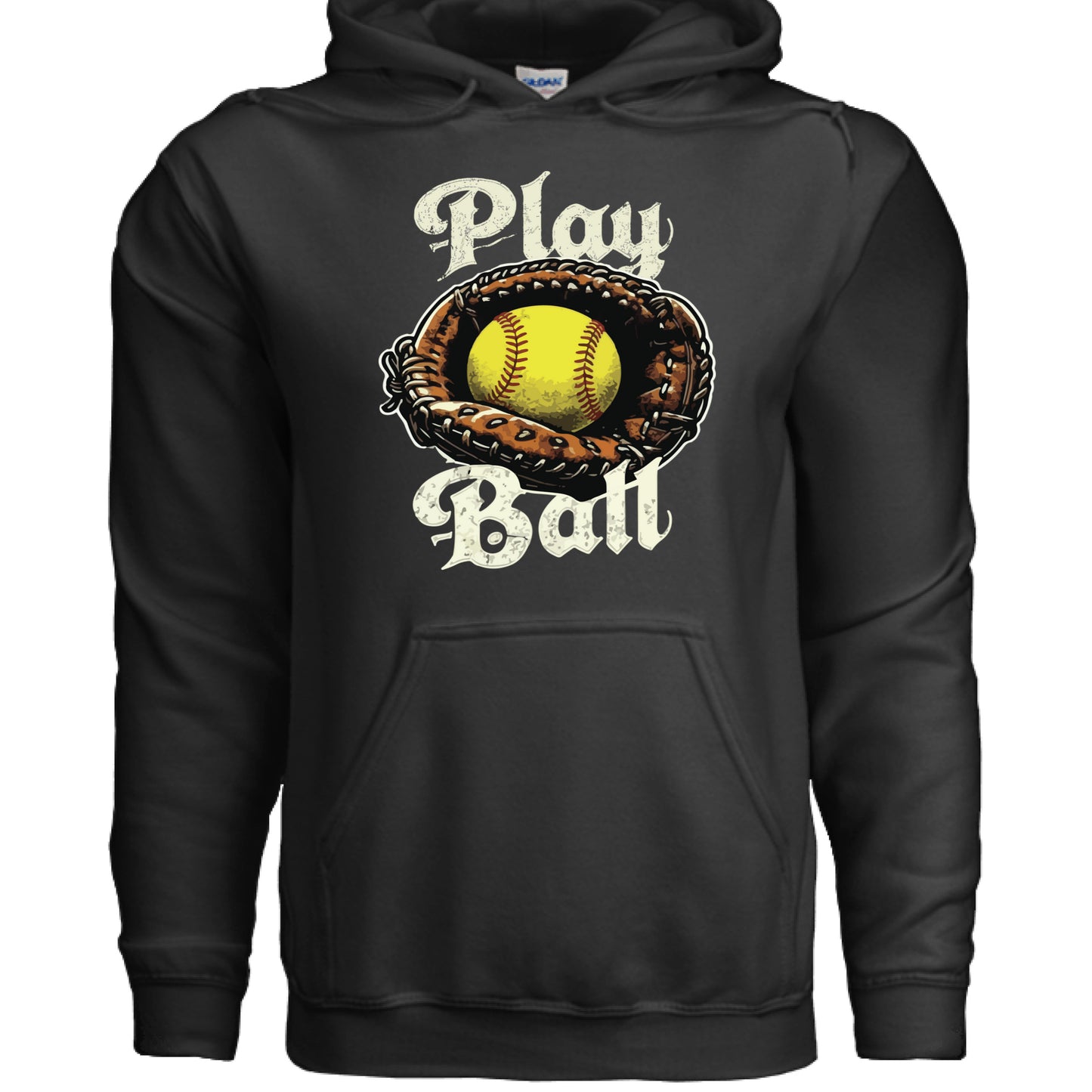 Play Ball Illustration Hoodie for Women – Timeless Softball Inspired Artwork BLACK- FRONT