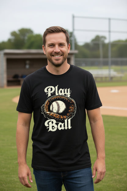 Play Ball Illustration T-Shirt for Men – Timeless Baseball Inspired Artwork BLACK - FRONT