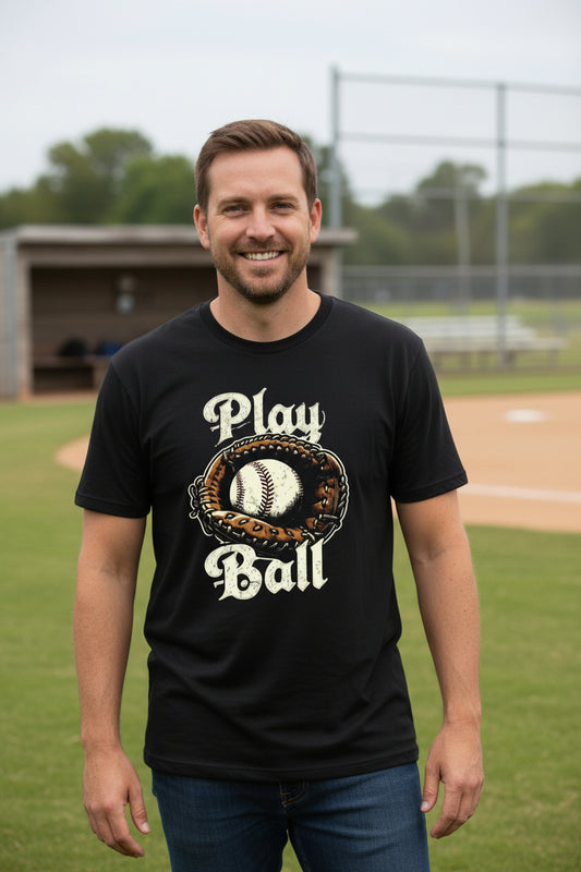 Play Ball Illustration T-Shirt for Men – Timeless Baseball Inspired Artwork BLACK - FRONT