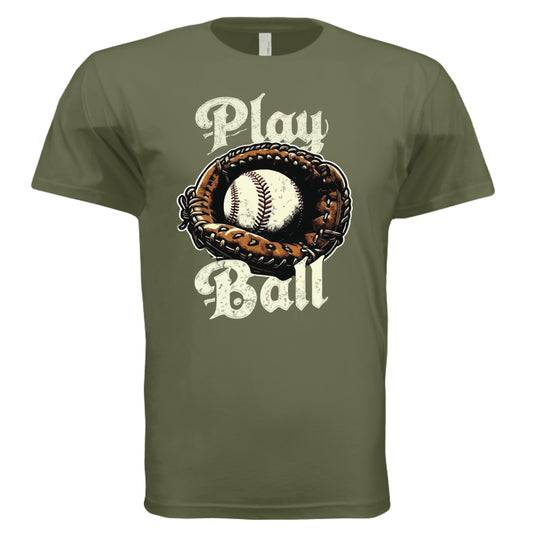 Play Ball Illustration T-Shirt for Men – Timeless Baseball Inspired Artwork MILITARY GREEN - FRONT