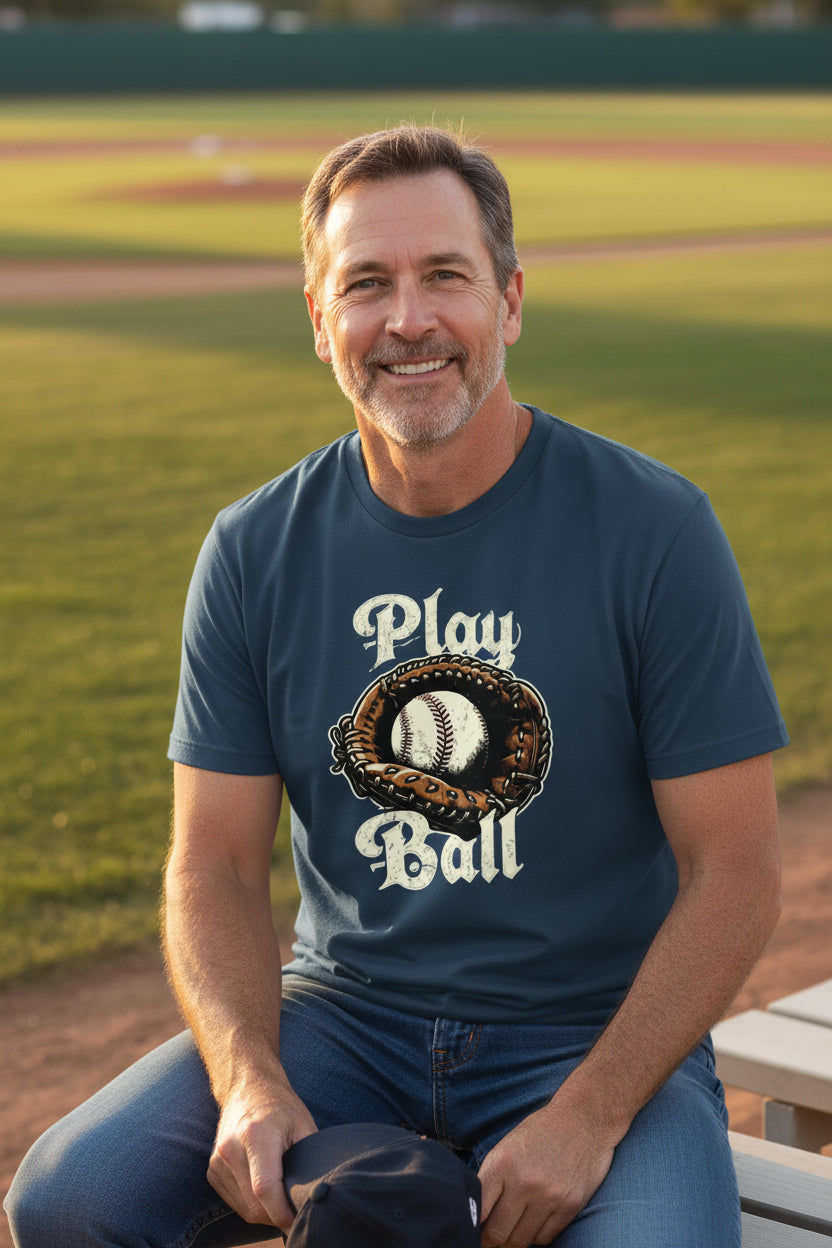 Play Ball Illustration T-Shirt for Men – Timeless Baseball Inspired Artwork MIDNIGHT NAVY - FRONT