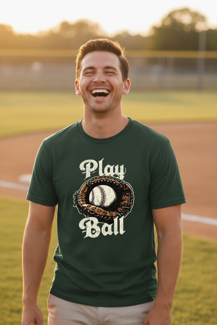 Play Ball Illustration T-Shirt for Men – Timeless Baseball Inspired Artwork FOREST GREEN - FRONT