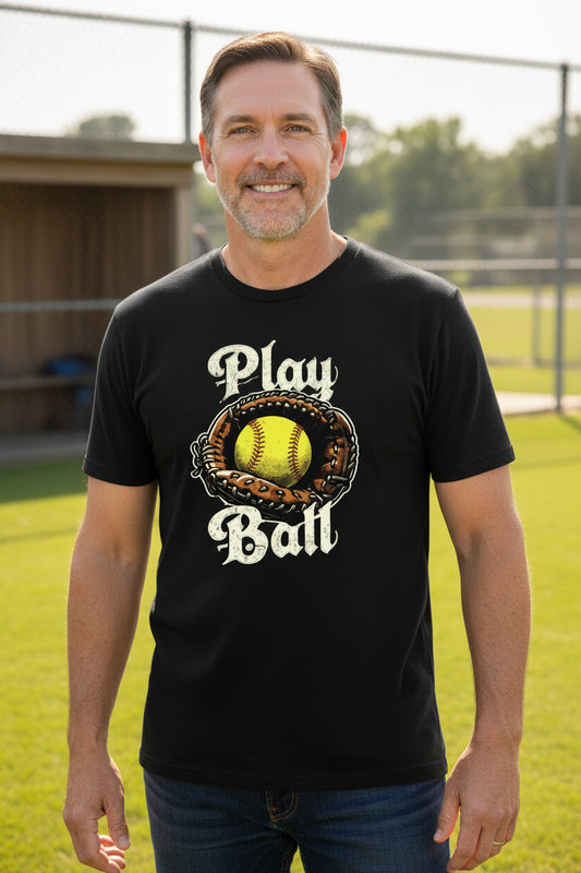 Play Ball Illustration T-Shirt for Men – Timeless Softball Inspired Artwork BLACK - FRONT