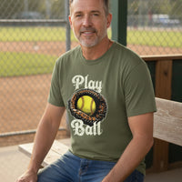Play Ball Illustration T-Shirt for Men – Timeless Softball Inspired Artwork MILITARY GREEN - FRONT
