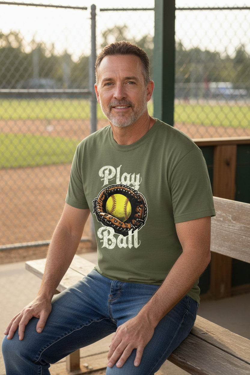 Play Ball Illustration T-Shirt for Men – Timeless Softball Inspired Artwork MILITARY GREEN - FRONT