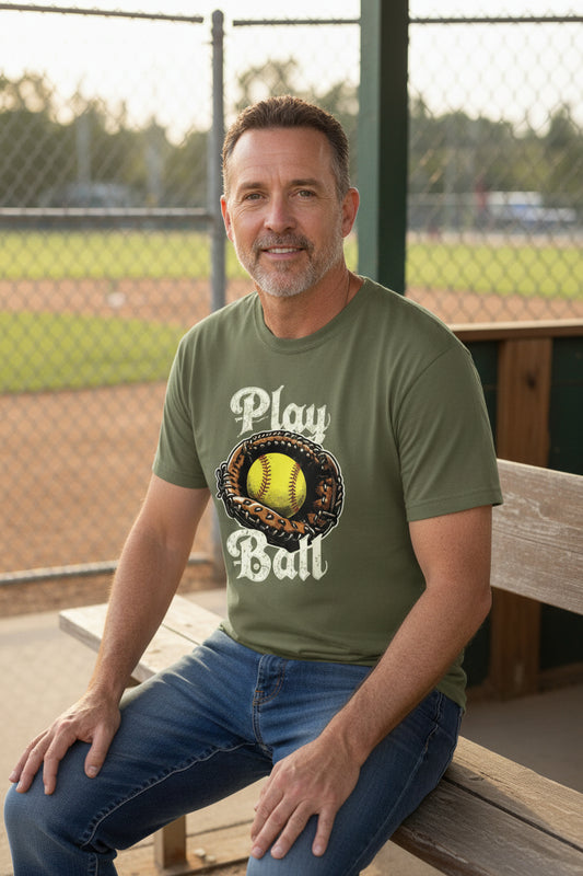 Play Ball Illustration T-Shirt for Men – Timeless Softball Inspired Artwork MILITARY GREEN - FRONT