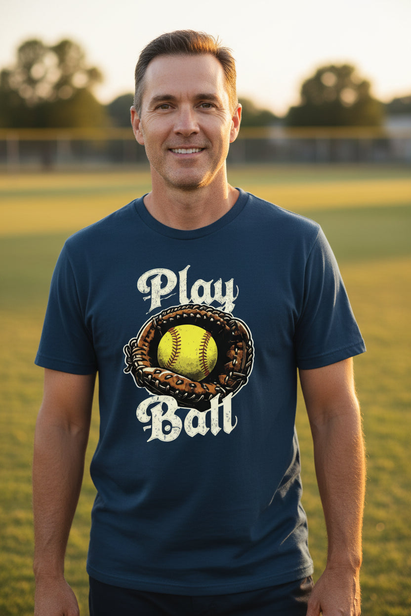 Play Ball Illustration T-Shirt for Men – Timeless Softball Inspired Artwork MIDNIGHT NAVY - FRONT