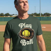 Play Ball Illustration T-Shirt for Men – Timeless Softball Inspired Artwork FOREST GREEN - FRONT