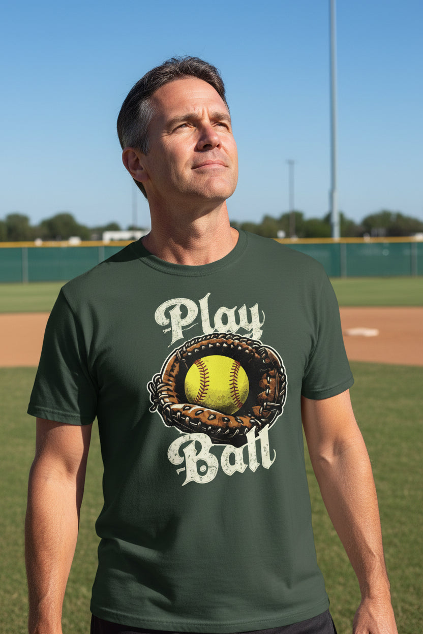 Play Ball Illustration T-Shirt for Men – Timeless Softball Inspired Artwork FOREST GREEN - FRONT