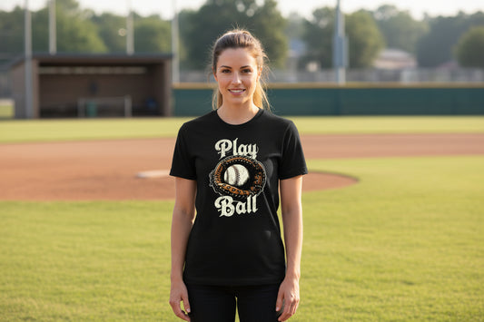 Play Ball Illustration T-Shirt for Women – Timeless Baseball Inspired Artwork BLACK - FRONT