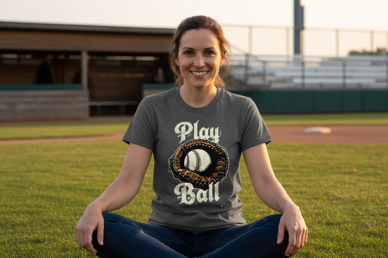 Play Ball Illustration T-Shirt for Women – Timeless Baseball Inspired Artwork DEEP HEATHER - FRONT