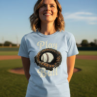 Play Ball Illustration T-Shirt for Women – Timeless Baseball Inspired Artwork BABY BLUE - FRONT