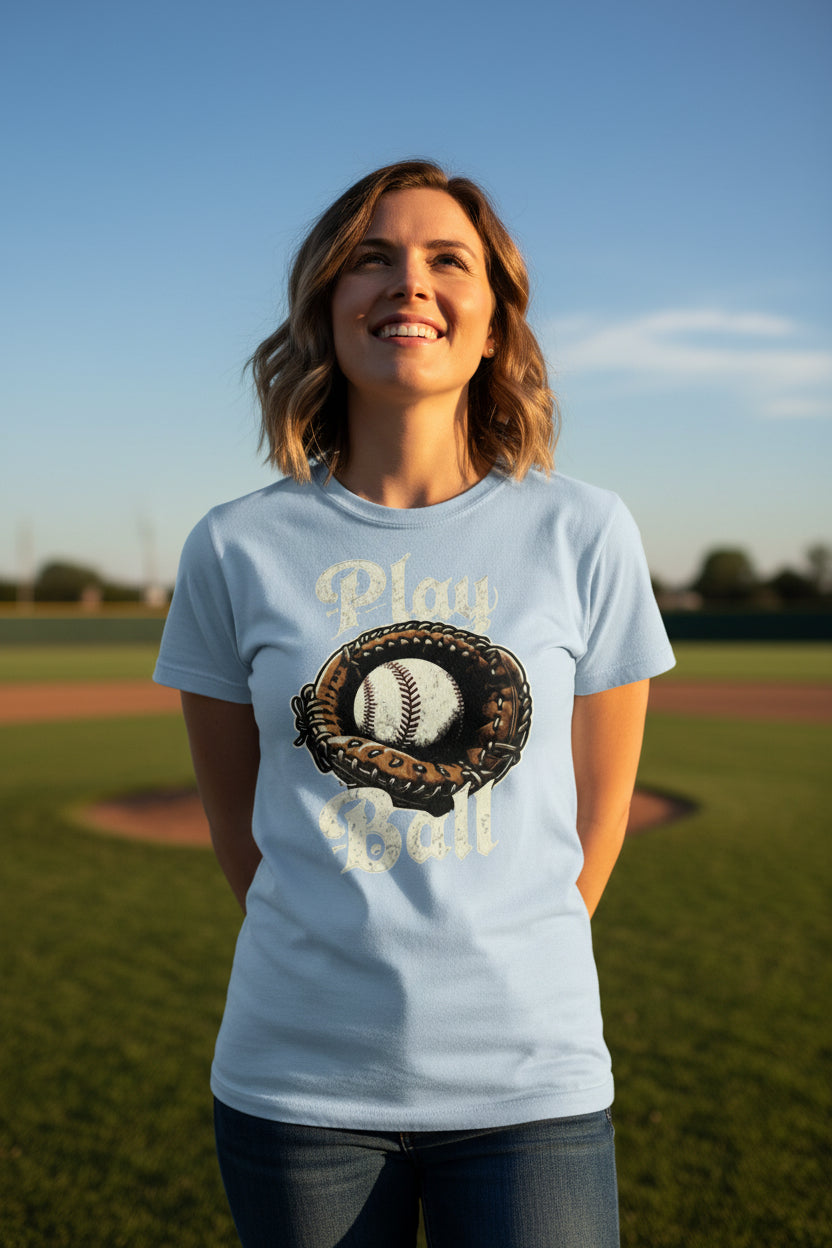 Play Ball Illustration T-Shirt for Women – Timeless Baseball Inspired Artwork BABY BLUE - FRONT