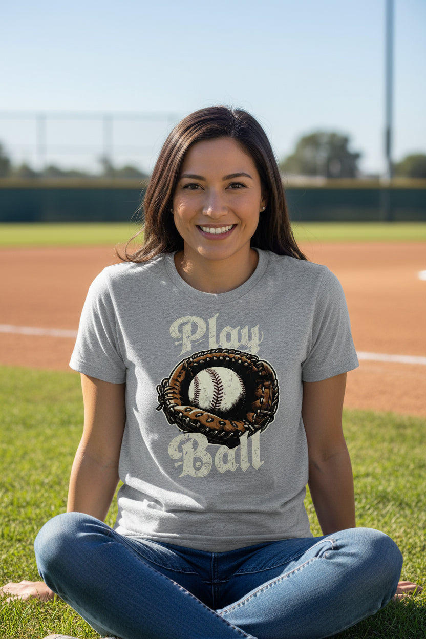 Play Ball Illustration T-Shirt for Women – Timeless Baseball Inspired Artwork ATHLETIC HEATHER - FRONT
