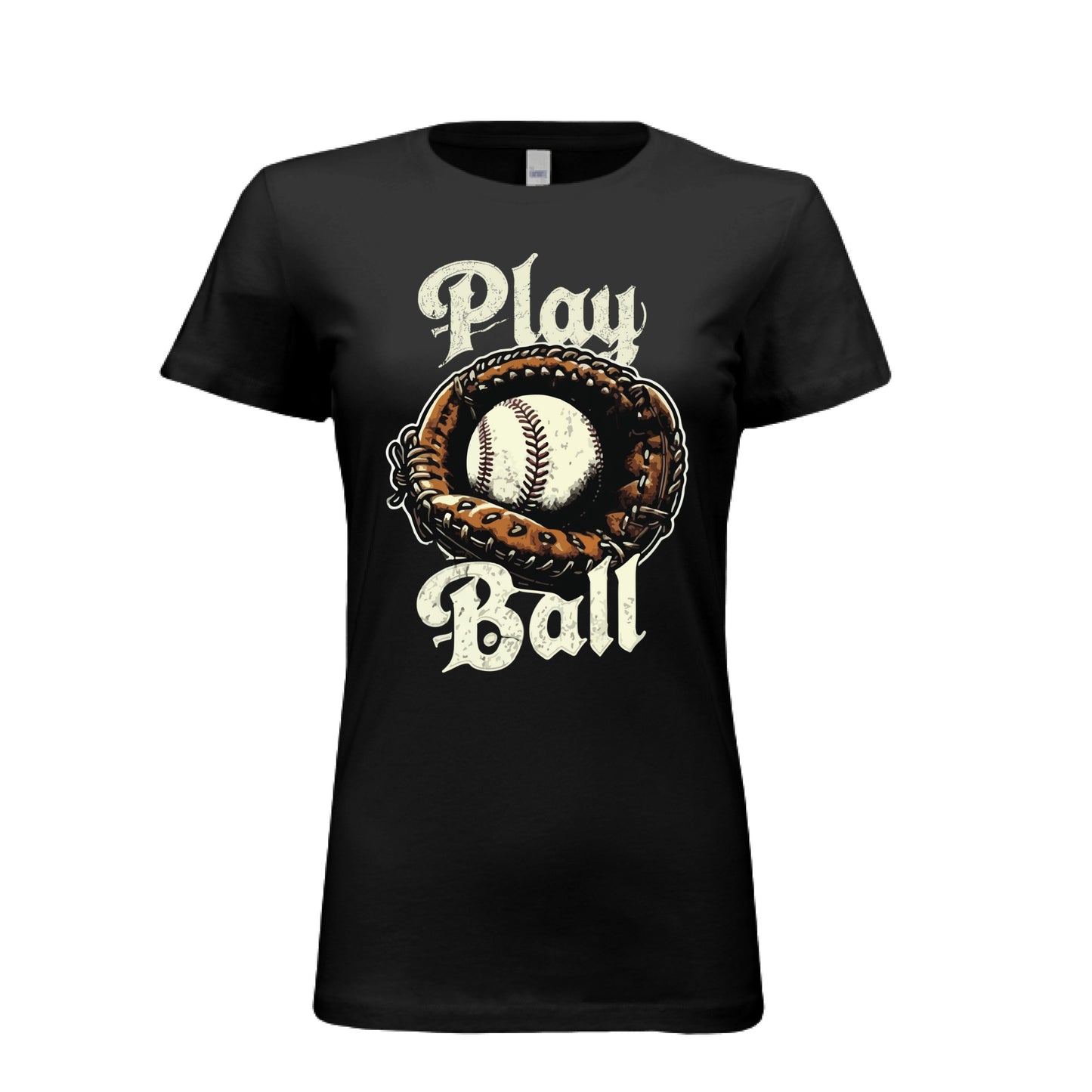 Play Ball Illustration T-Shirt for Women – Timeless Baseball Inspired Artwork BLACK- FRONT