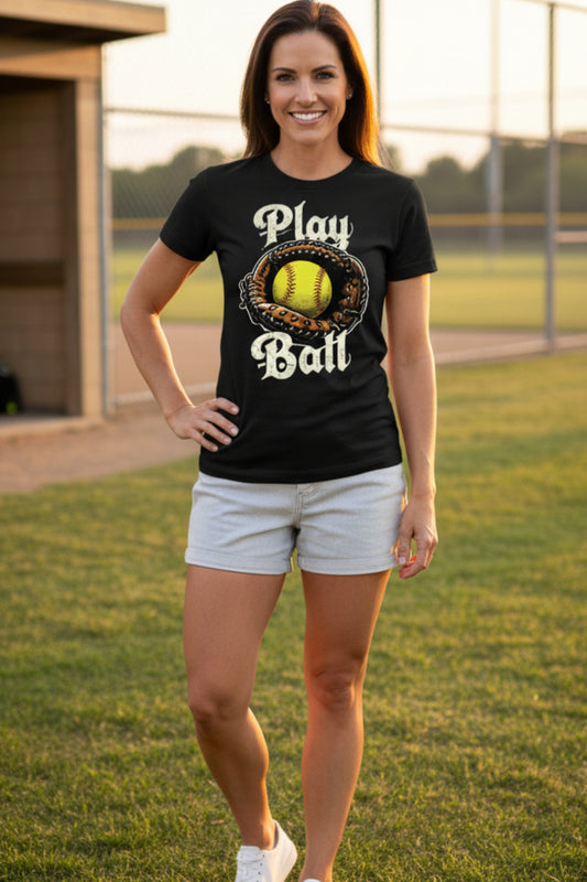 Play Ball Illustration T-Shirt for Women – Timeless Softball Inspired Artwork - FRONT
