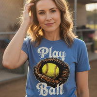 Play Ball Illustration T-Shirt for Women – Timeless Softball Inspired Artwork HTHR TRUE ROYAL - FRONT