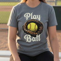 Play Ball Illustration T-Shirt for Women – Timeless Softball Inspired Artwork DEEP HEATHER - FRONT