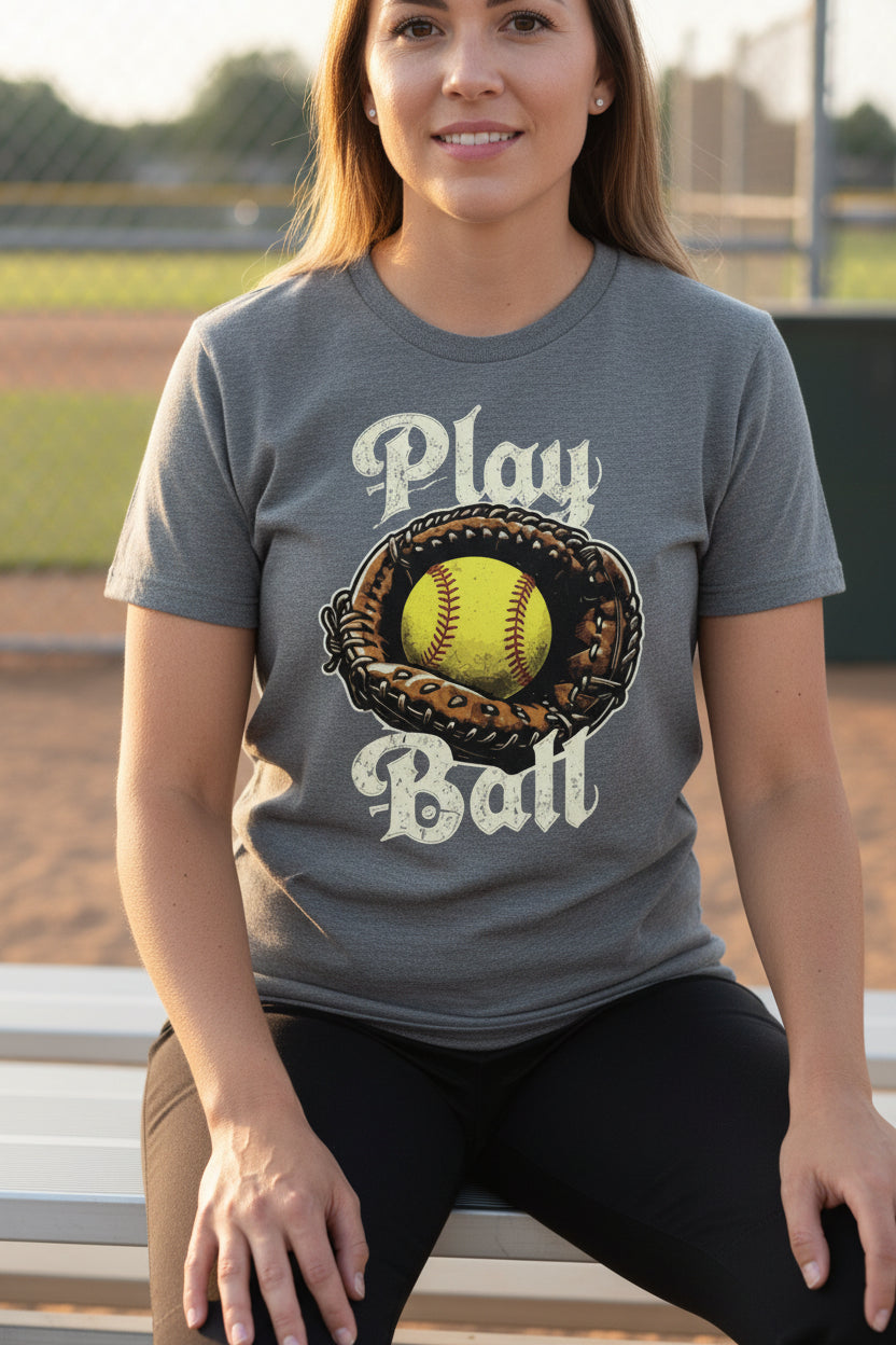 Play Ball Illustration T-Shirt for Women – Timeless Softball Inspired Artwork DEEP HEATHER - FRONT