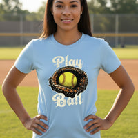 Play Ball Illustration T-Shirt for Women – Timeless Softball Inspired Artwork BABY BLUE - FRONT