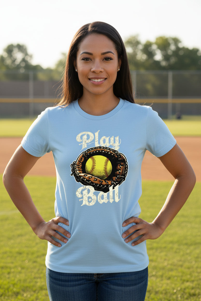 Play Ball Illustration T-Shirt for Women – Timeless Softball Inspired Artwork BABY BLUE - FRONT